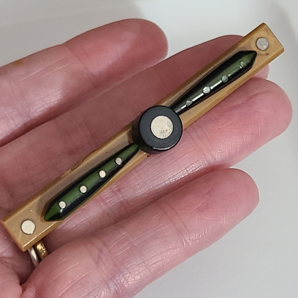 Antique Victorian ? bakelite ? Pin Bar Brooch OLD Green Black Stripe Estate